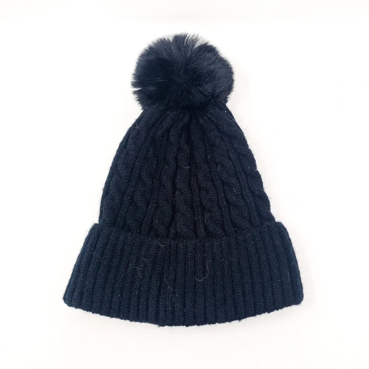 Black Luxury Cable Knit Hat with Faux Fur Pom-Pom