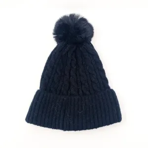 Black Luxury Cable Knit Hat with Faux Fur Pom-Pom