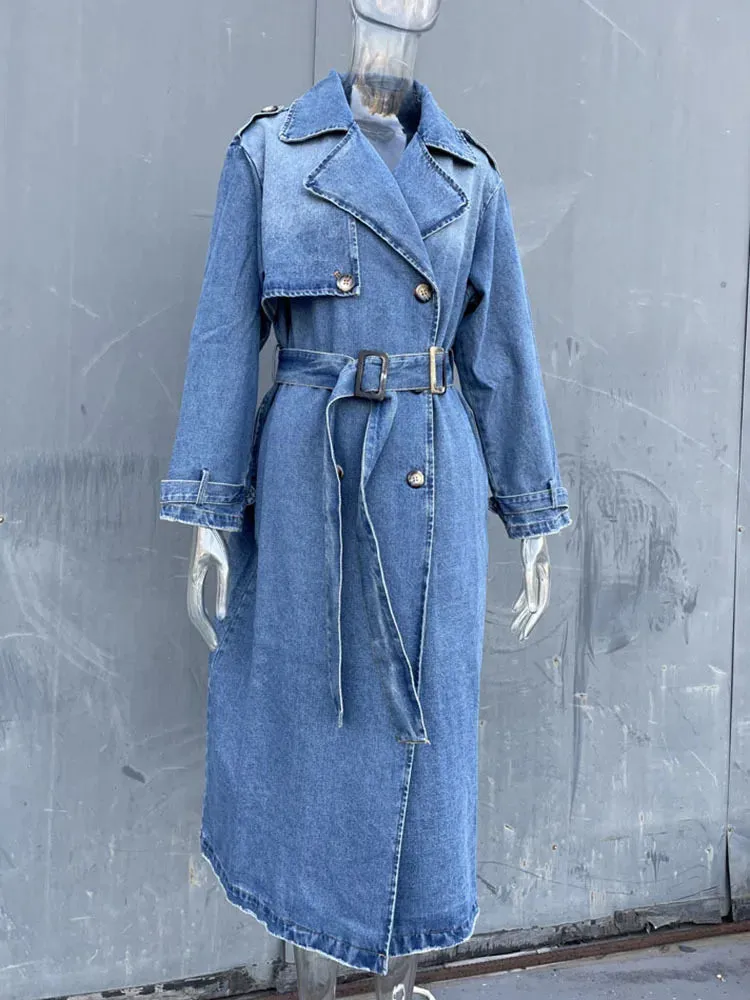 Denim Long Trench Coat With Belt
