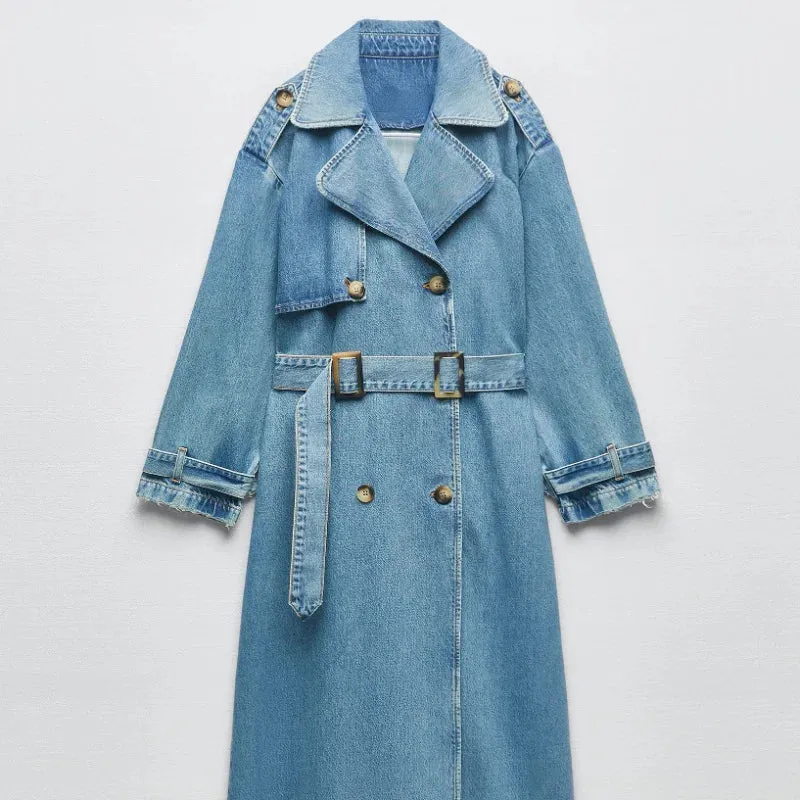 Denim Long Trench Coat With Belt