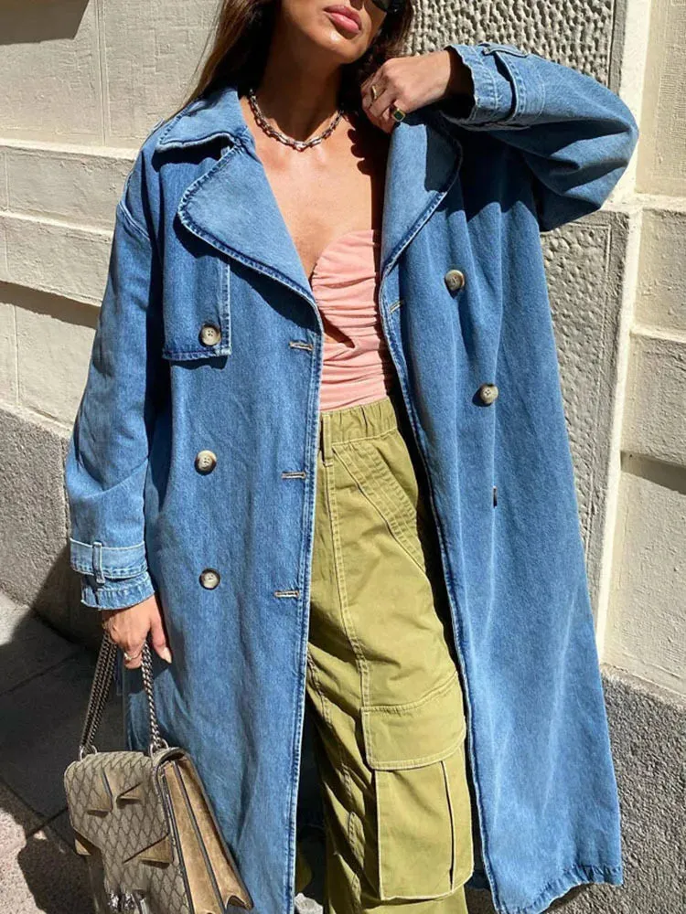 Denim Long Trench Coat With Belt