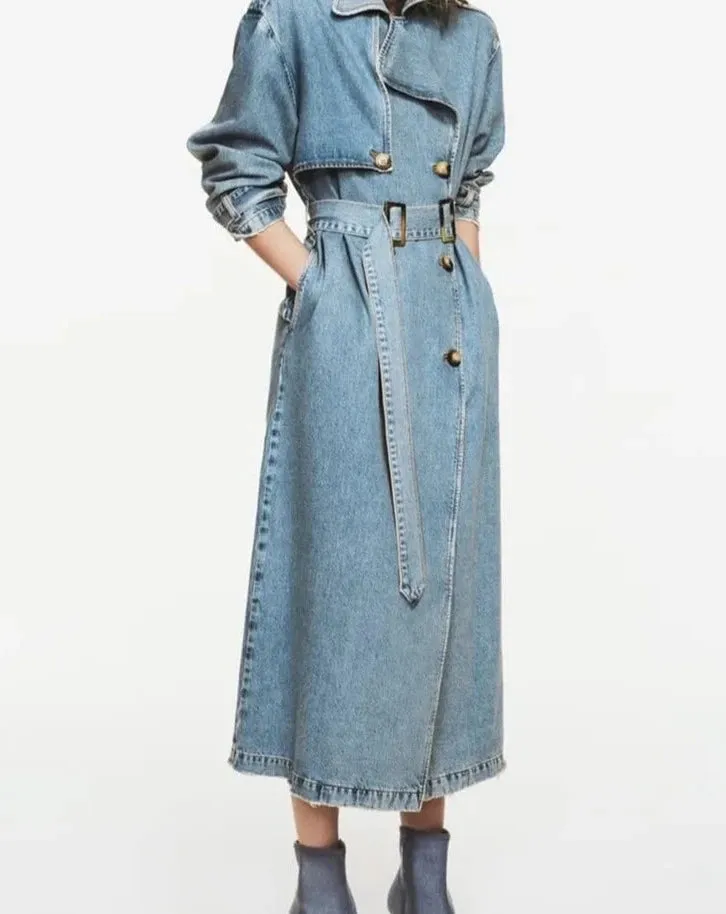 Denim Long Trench Coat With Belt