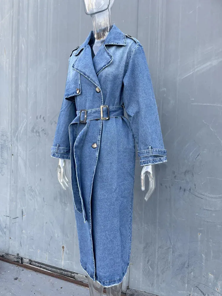 Denim Long Trench Coat With Belt