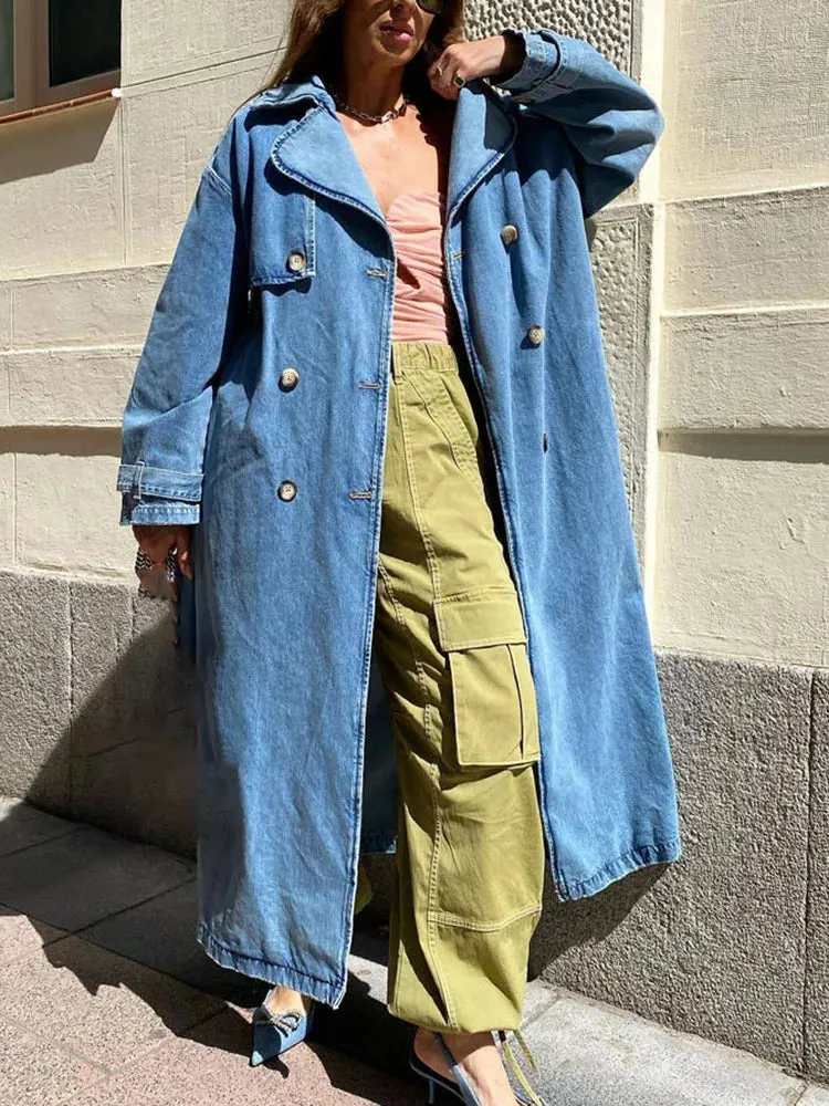 Denim Long Trench Coat With Belt