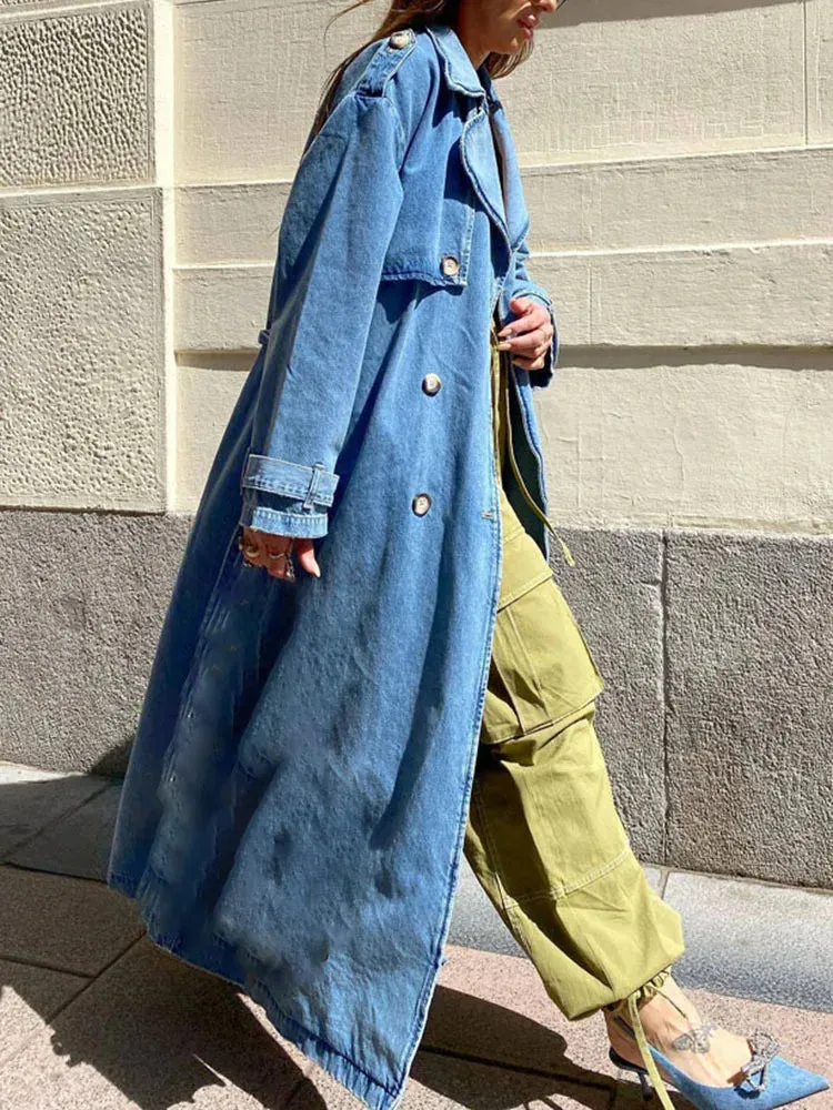 Denim Long Trench Coat With Belt