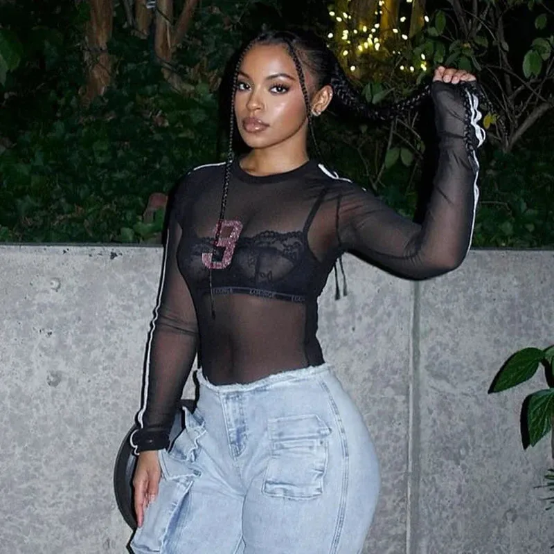 Mesh Long Sleeve Number 3 Print Crop Top