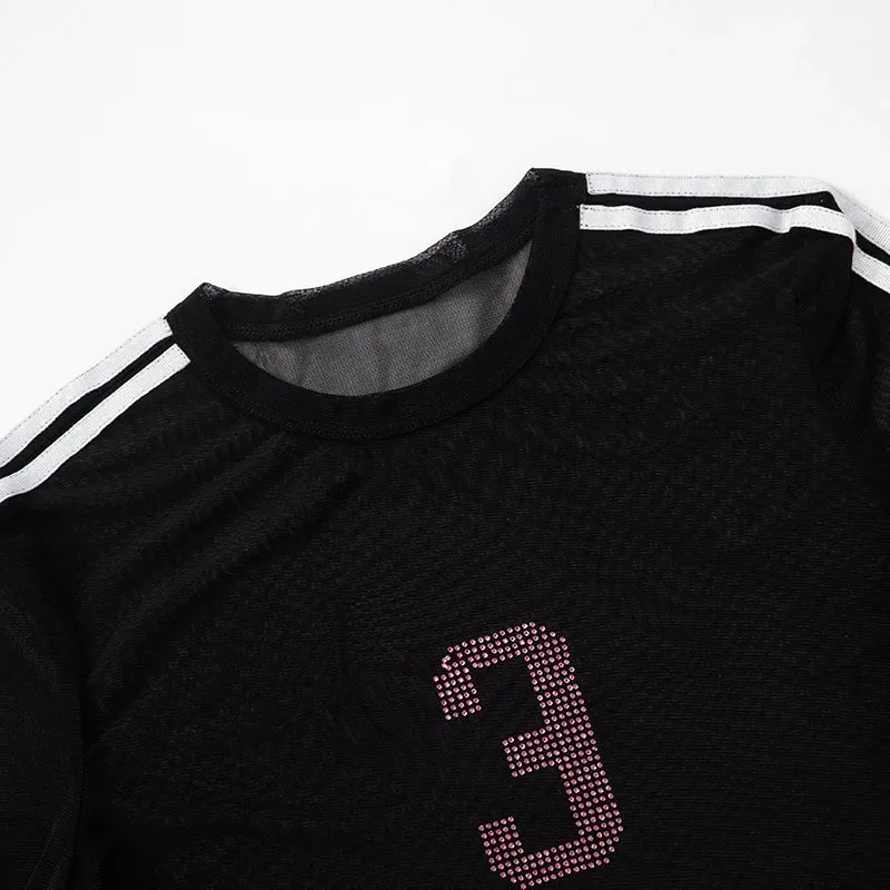 Mesh Long Sleeve Number 3 Print Crop Top