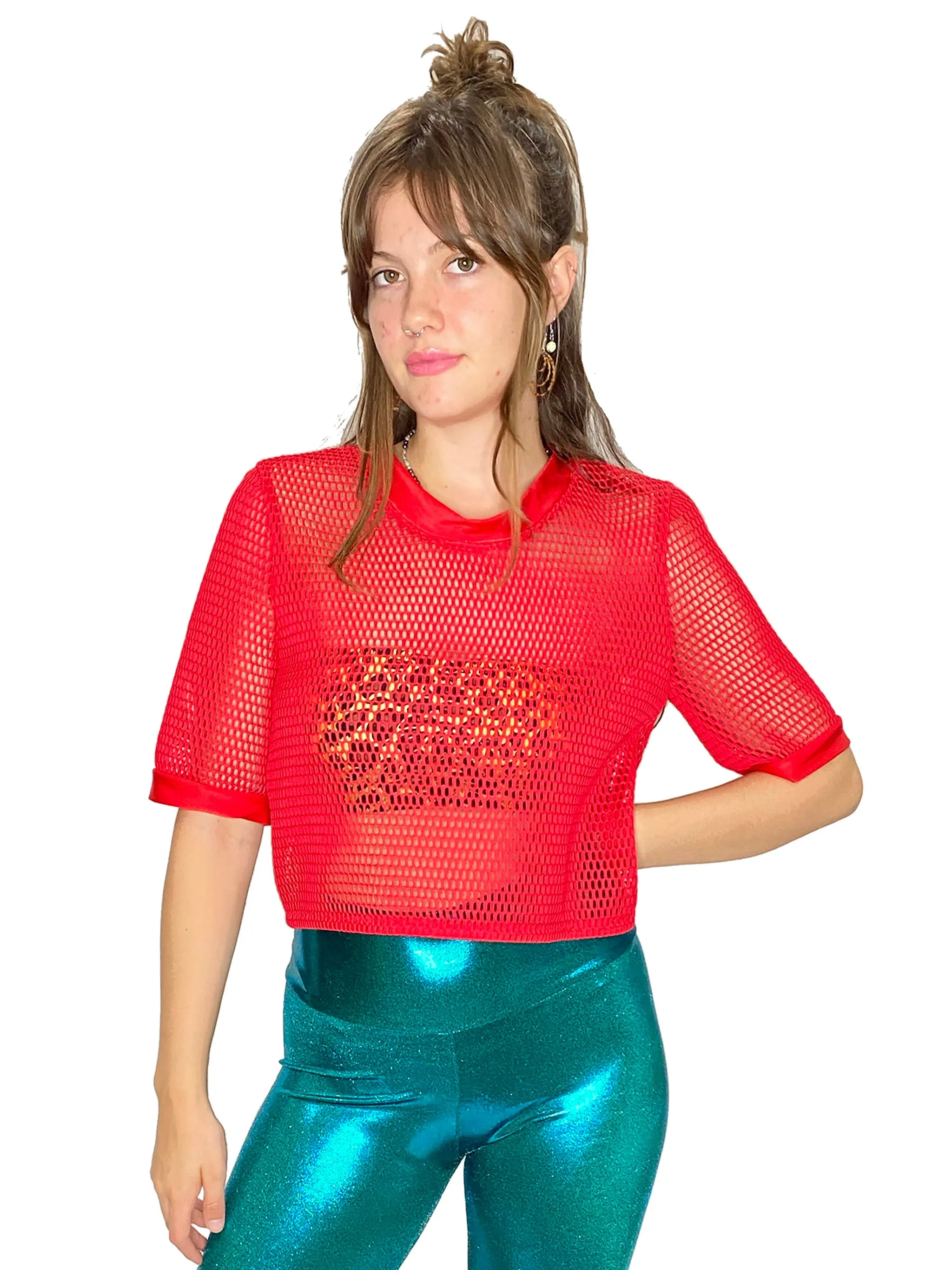 Red Mesh Oversized Crop Top