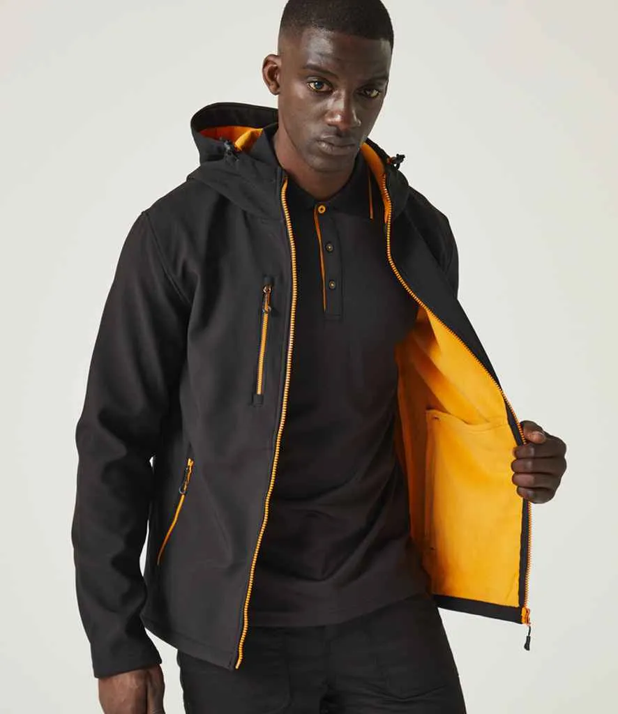 Regatta Navigate Two Layer Hooded Soft Shell Jacket | Black/Orange Pop